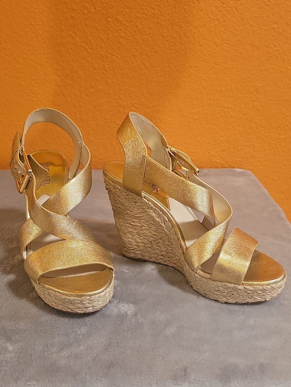 Gold Wedge Sandals with Espadrille Platform. Michael Kors. Gorgeous!